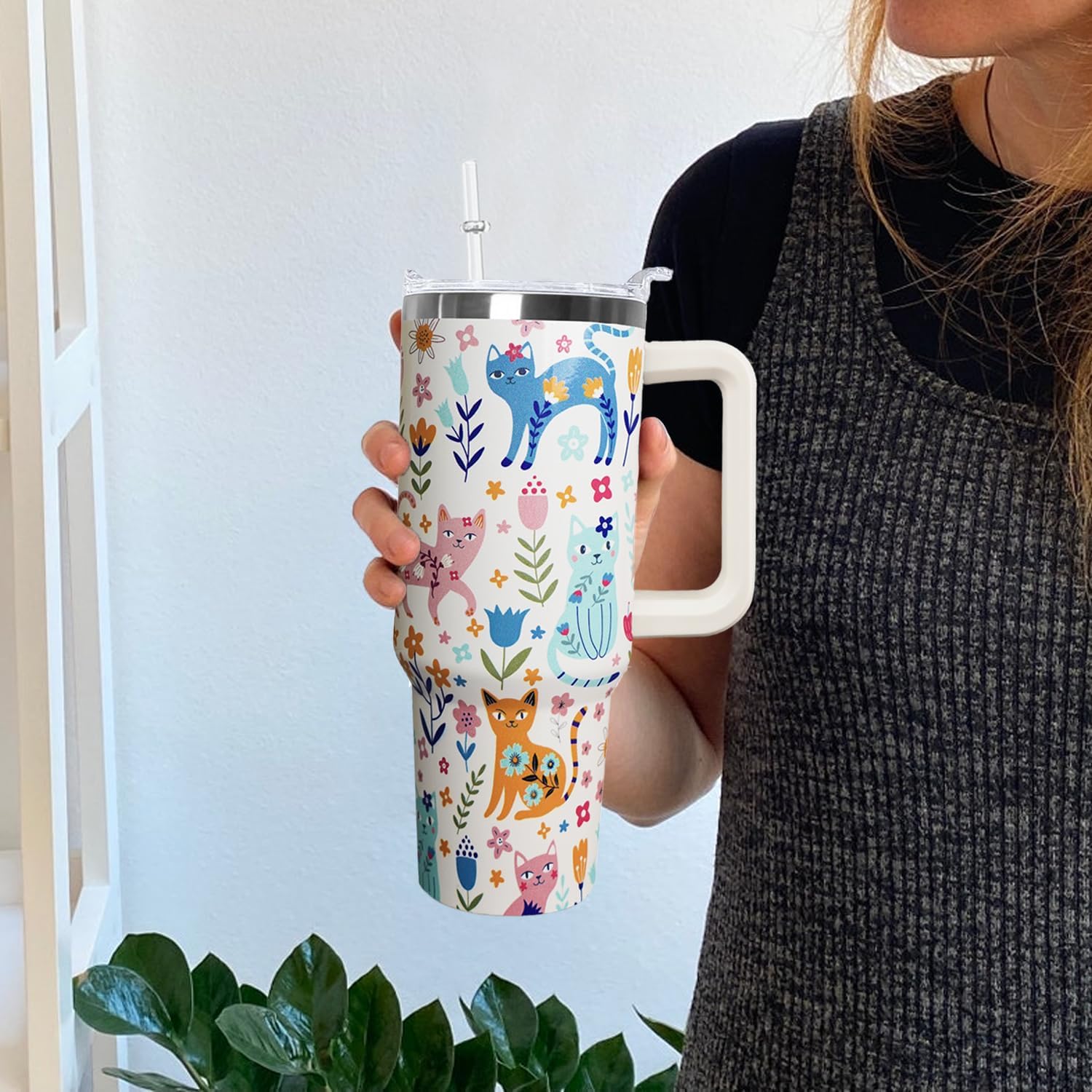 Ceovfoi 40 Oz Cat Tumbler With Handle, Coffee Travel Mug Cup Water Bottle, Cat Decor, Gifts for Women - Image 5