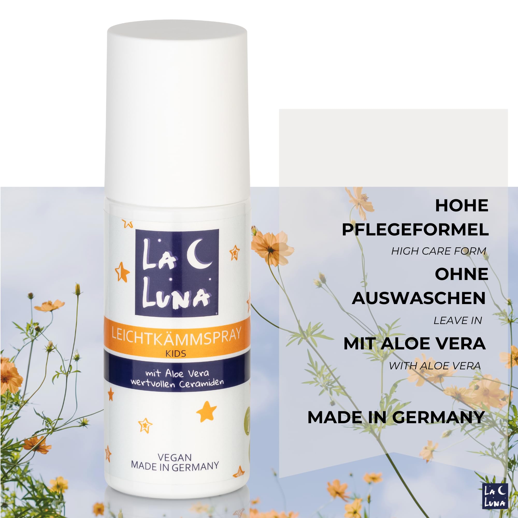 LA LUNA® Lekki spray do włosów dla dzieci, kompatybilny z aloesem, cenne ceramidy, intensywna pielęgnacja, nie kopią włosów, wegański, pielęgnacja włosów dla dzieci, dla chłopców i dziewczynek, do każdego typu włosów, pielęgnacja włosów