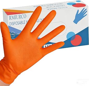 Black Nitrile Gloves Disposable, 8 Mil Heavy Duty Work Glove, Latex-Free Industrial Gloves, Fully-Diamond Textured, 25 Pairs Orange-M