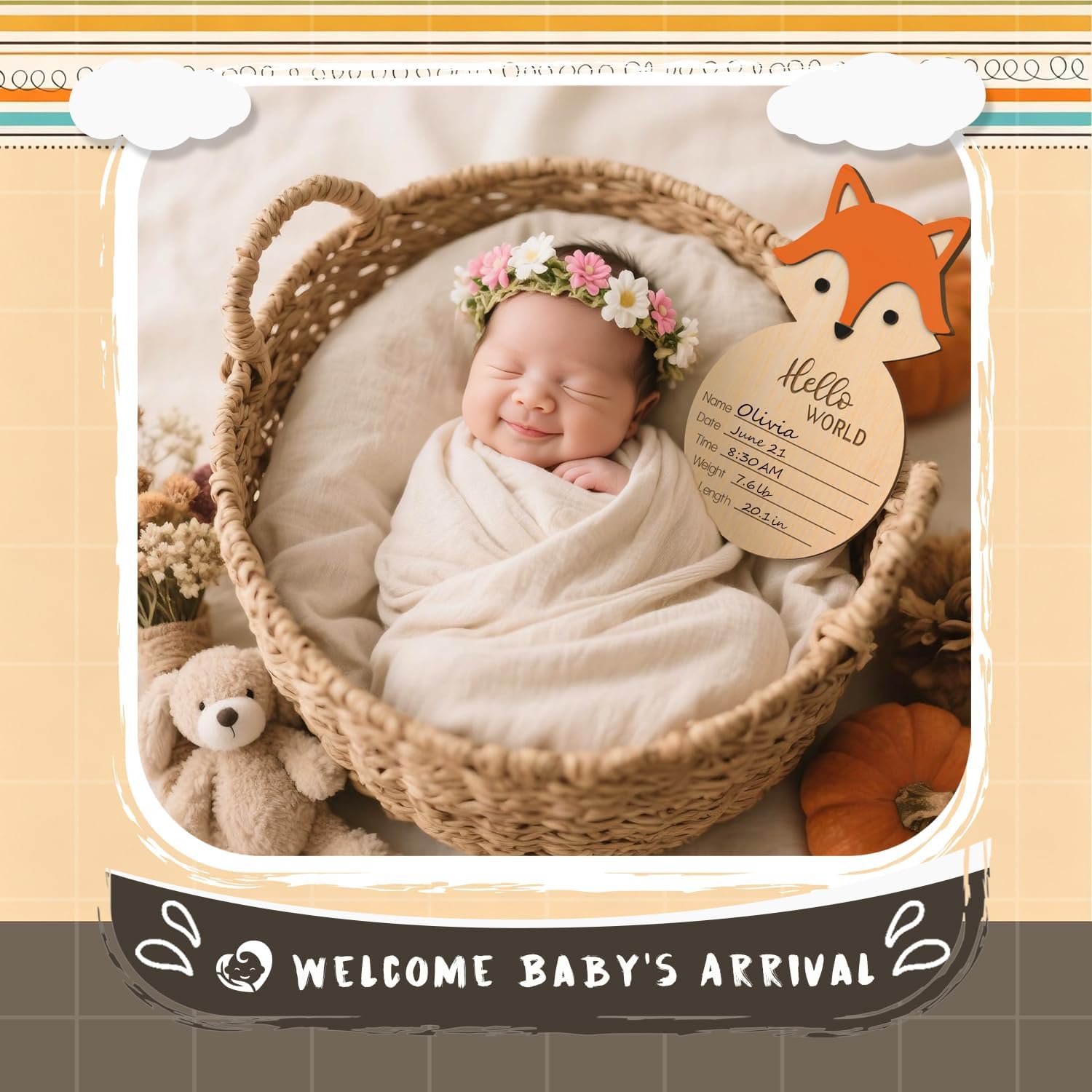 Hello World Wooden Baby Newborn Birth Announcement Sign, Baby Announcement Sign for Hospital, Newborn Photography Props for Nursery, Bear Shape Welcome Sign for New Mom Boys Girls (Fox)