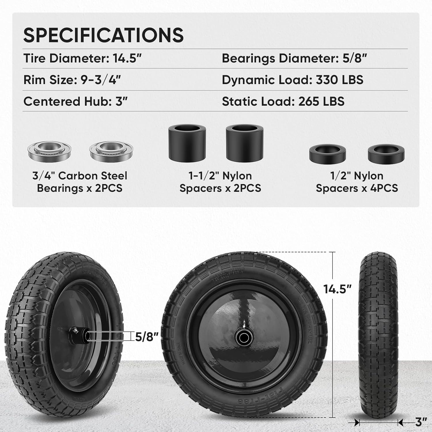 TICONN 14.5" Flat Free Wheelbarrow Tire and Wheel + 15×6.00-6nhs Lawn Mower Tires Inner Tube (2 Pack)