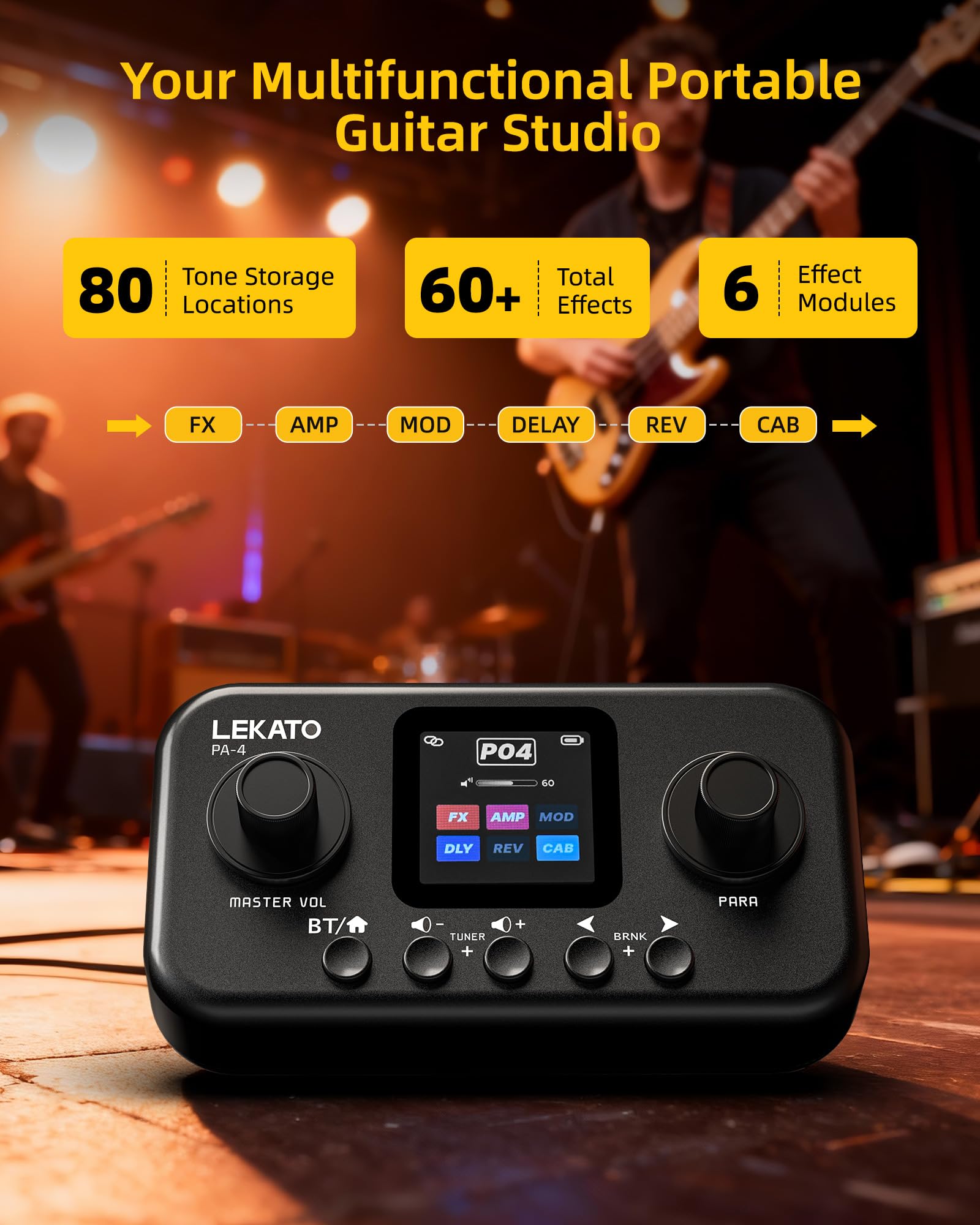LEKATO Guitarra Pedal Multiefectos con 80 presets, 6 módulos de efectos, 20 Amp/Cab, Interfaz de audio USB OTG y BT, Procesador de Efectos Portátil para Guitarra y Bajo