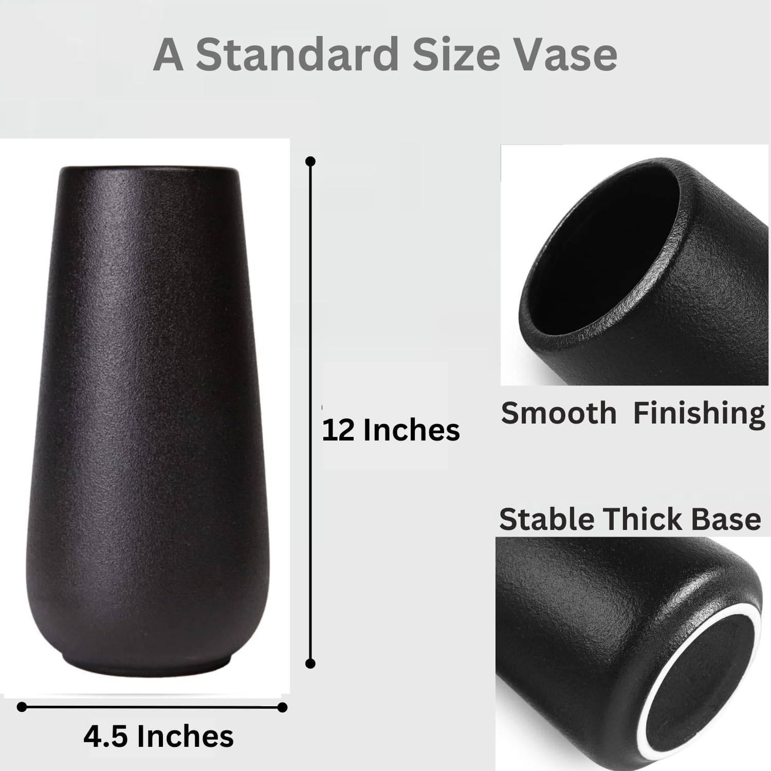 12 Inch Tall Premium Quality Ceramic Vase | Flower Vase for Home Decor | Farmhouse Decor, Desk Decor, Modern Decor, Aesthetic Room Decor, Black Vase for Bohemian Decor, Pampas Vase, Black