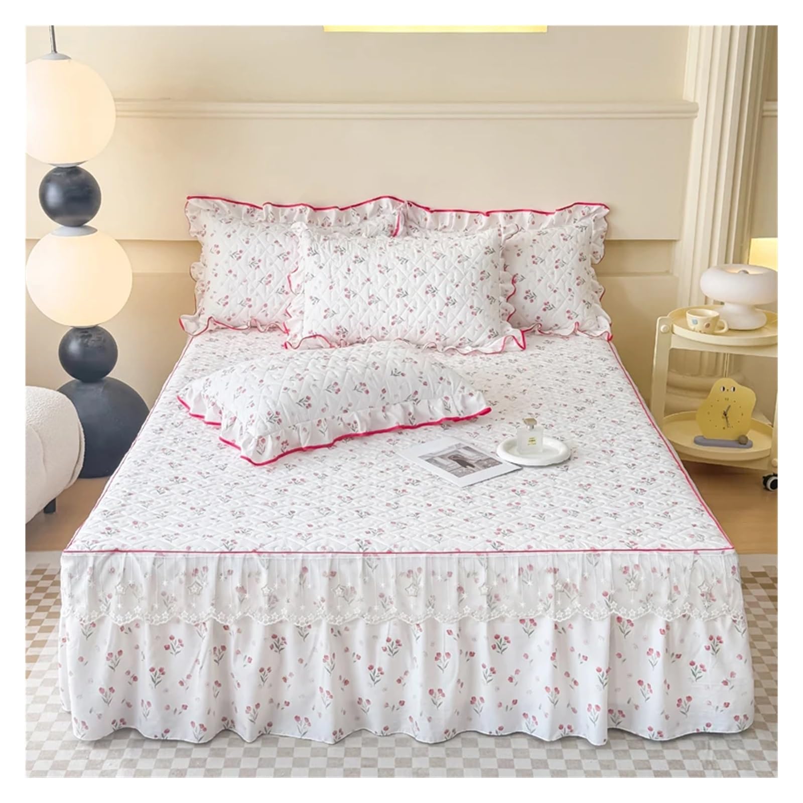 1pc Bed Skirt Thicken Ruffles Bedspread Floral Style Bed Cover Quilted Mattress Protector No Pillowcase(Color-06,180x220cm 1pc)