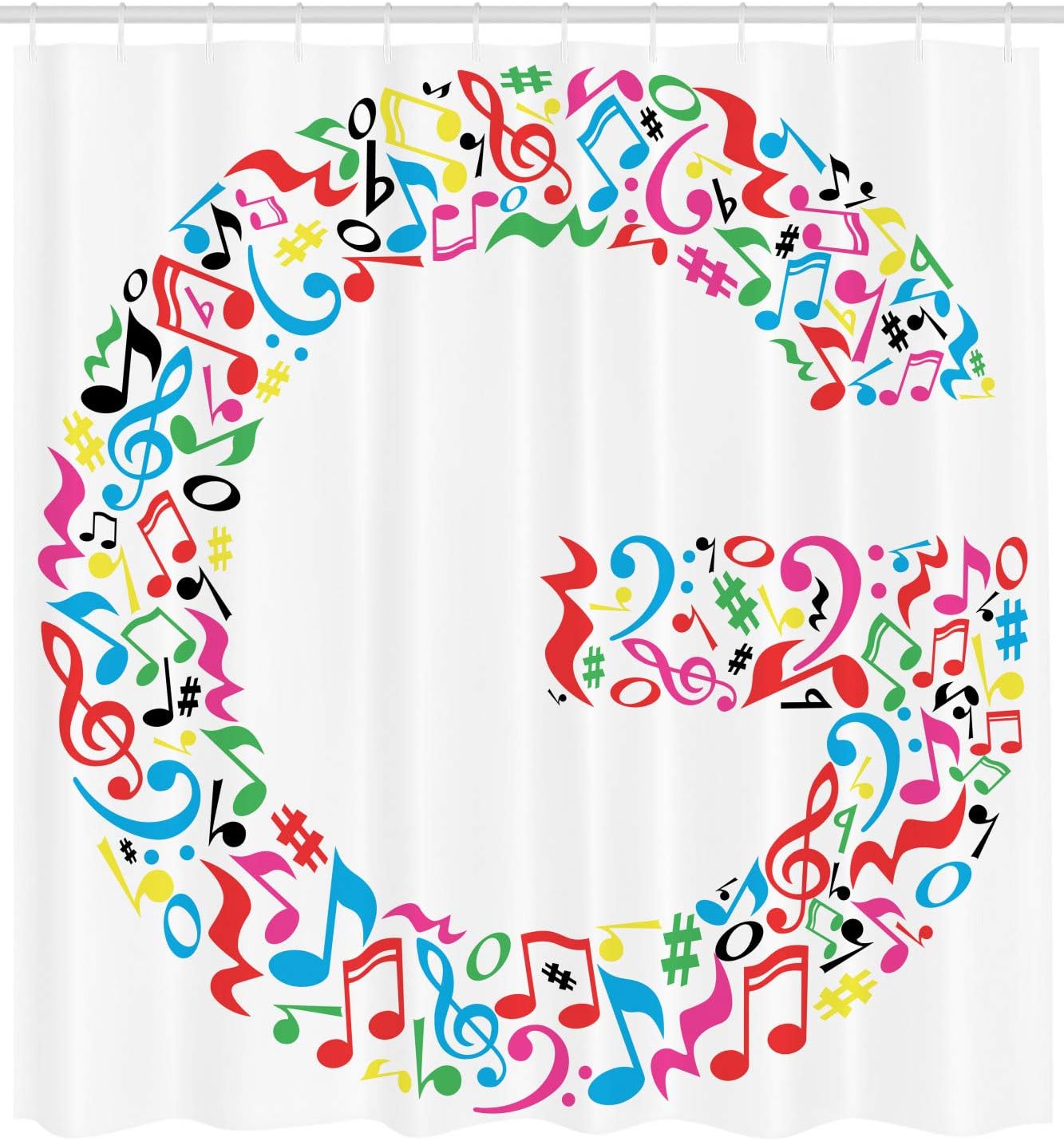 Ambesonne Letter G Shower Curtain, Majuscule G and Music Inspired Theme Colorful Musical Notes Alphabet Art Print, Cloth Fabric Bathroom Decor Set with Hooks, 69" W x 84" L, White Ivory