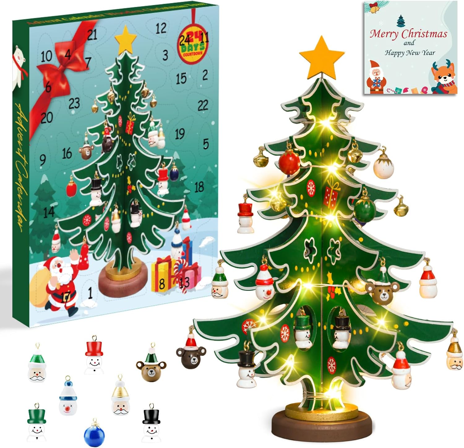 Adventskalender 2026, Hölzerner Weihnachtsbaum und 30 Ornamenten, 24 Tage Weihnachten Countdown Adventskalender für Erwachsene, Jungen, Mädchen Weihnachtsdeko Anhänger – Adventskalender 2026 von Unbekannt