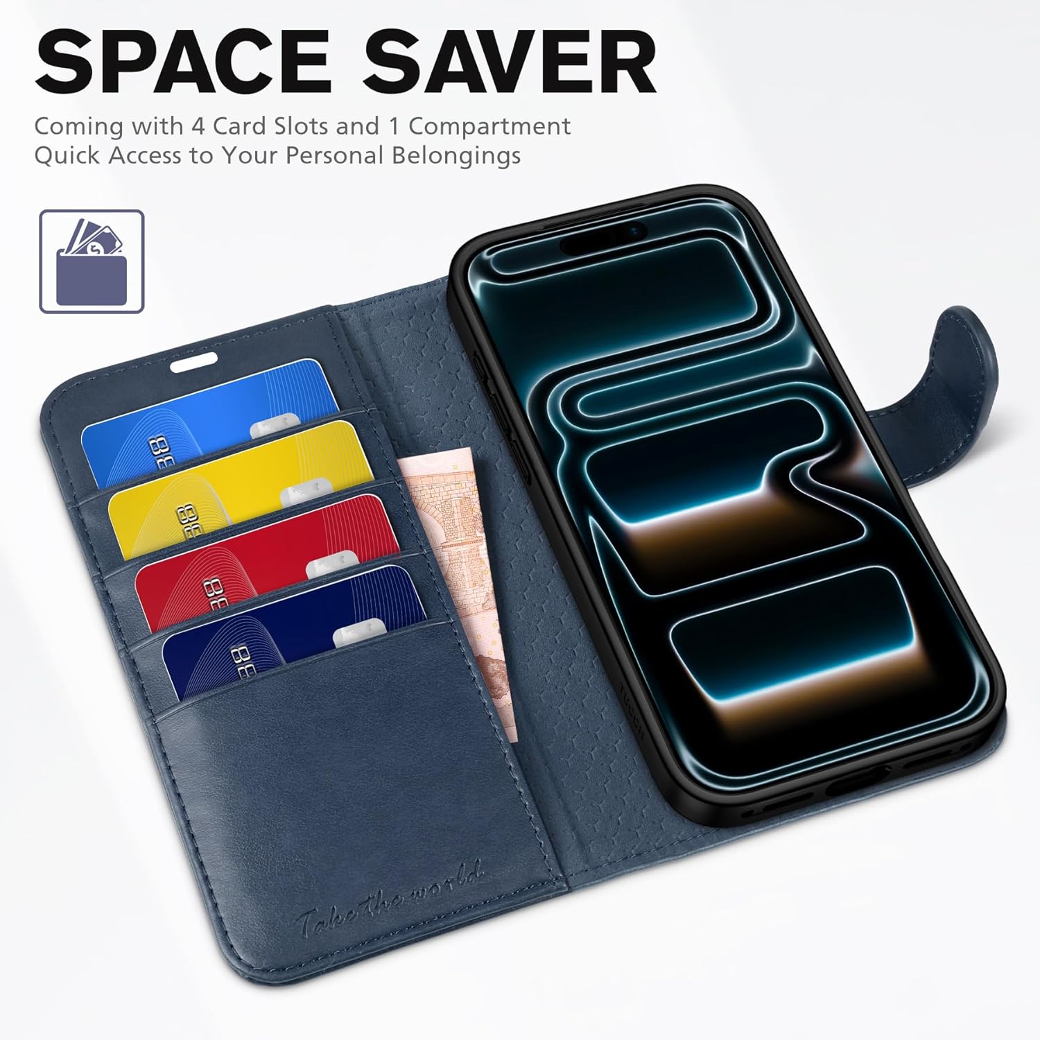 TUCCH Case Wallet for iPhone 17 Pro (6.3") 2025, Stand, RFID Blocking, 4 Card Holder, TPU Shockproof Inner Shell, PU Leather, Magnetic Closure Folio Protective Cover, Dark Blue - Image 7