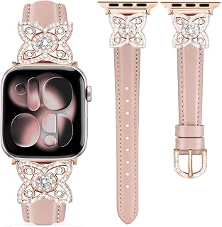 Bands Compatible with Apple Watch 49mm 46mm 42mm 45mm 41mm 44mm 40mm 38mm, Bling Flower Diamond Leather Strap for iWatch Series 11/10 / 9/8 / 7/6 / 5/4 / 3 / SE/Ultra Women Men