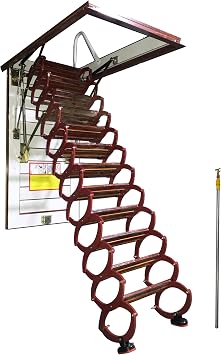 31.5 x 35.4inch Attic Ceiling Ladder Pull Down System, 9.8ft Folding Attic Stairs, 12 Steps Extension Access, Ti-Mg Alloy, Redwood Patterned Surface, 660lb Loading Capacity