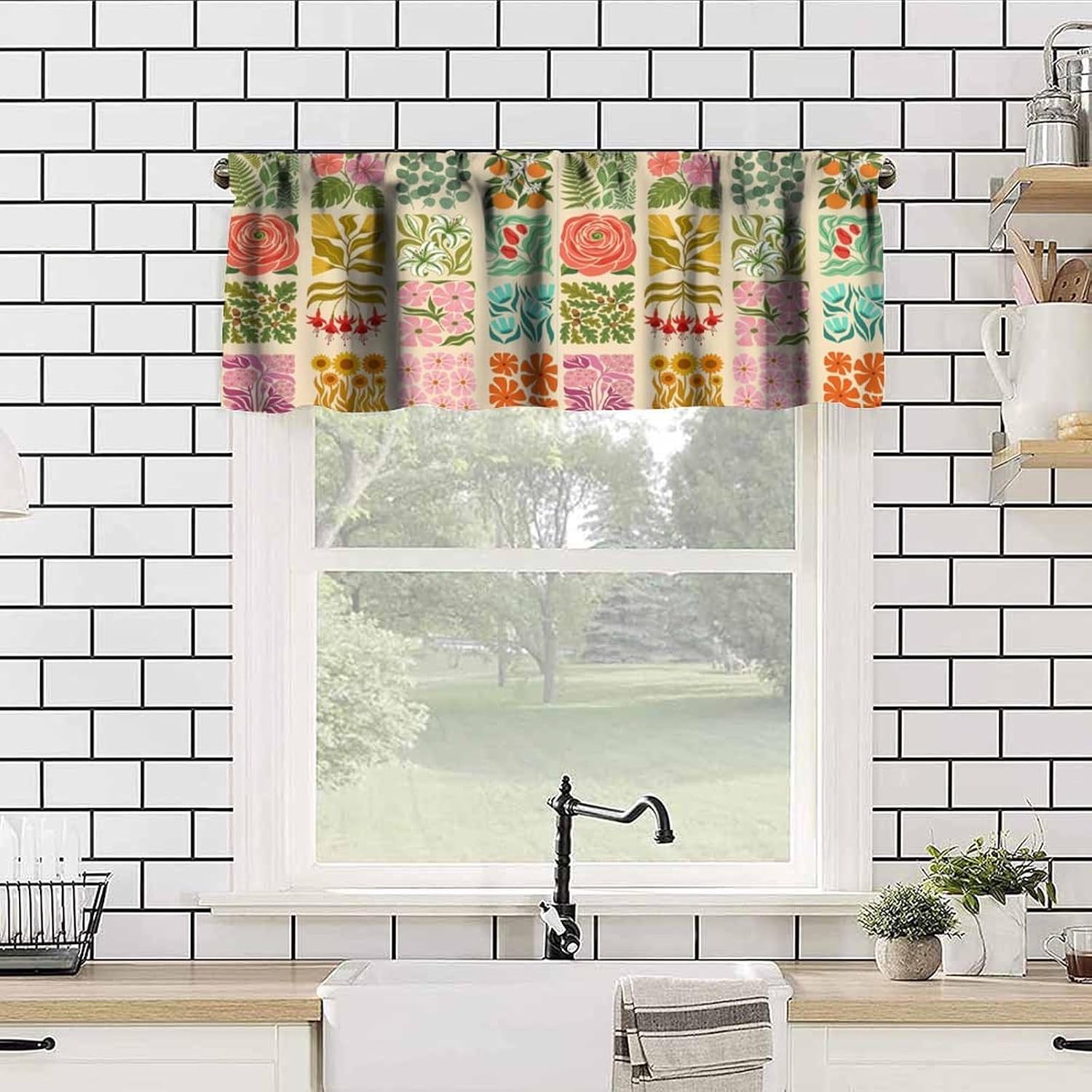 Retro Matisse Flower Valance Curtain Abstract 70s Aesthetic Patchwork Botanical Vintage Groovy Pattern Window Treatment for Kitchen Girls Living Room Bedroom 54x18In