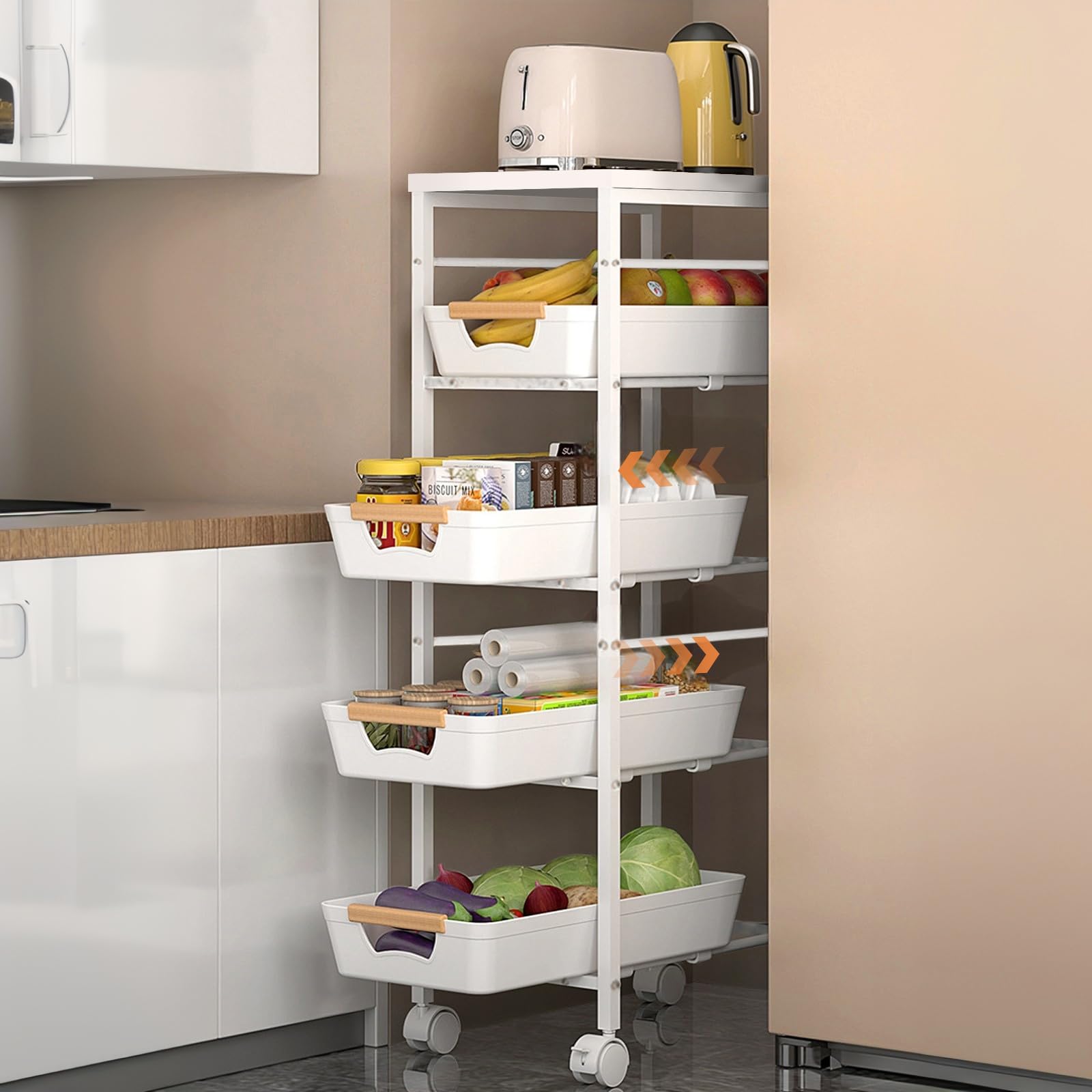 Carrito de Cocina de 5 niveles, Carrito Auxiliar con Ruedas Marco de Metal con 4 Cajones Extraíbles Carrito de Almacenamiento con Tablero de Madera para Baño, Cocina, Lavandería