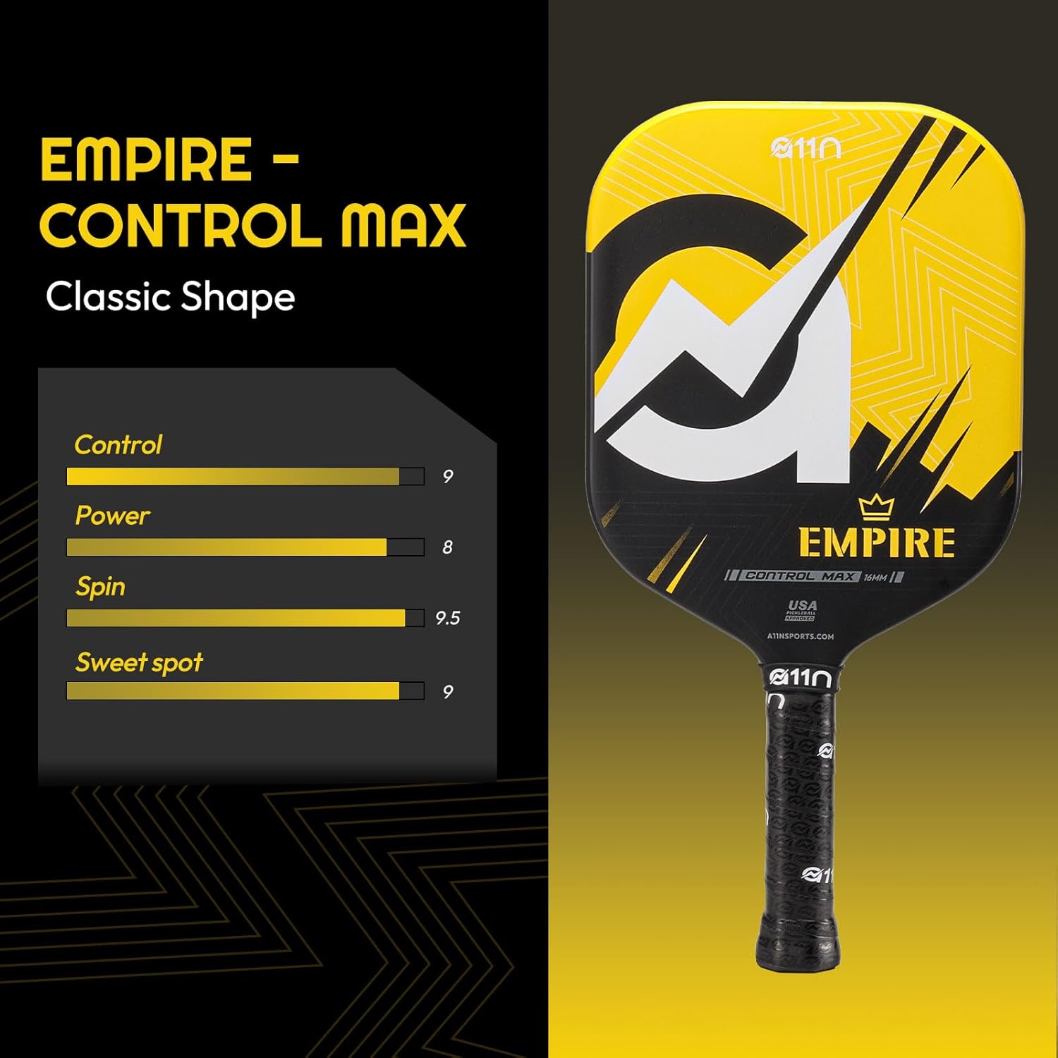 A11N SPORTS Empire Thermoformed Edgeless Pickleball Paddle | Carbon Fiber Face with SuperGrit Texture for Ultimate Spin | Longer Handle for Double-Handed Backhand