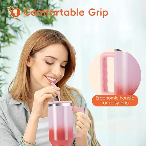 Vista 34 de VUSIGN Vaso de 40 onzas con asa y tapa con pajilla, vaso de acero inoxidable aislado al vacío, taza de viaje para agua, té helado, café, batido