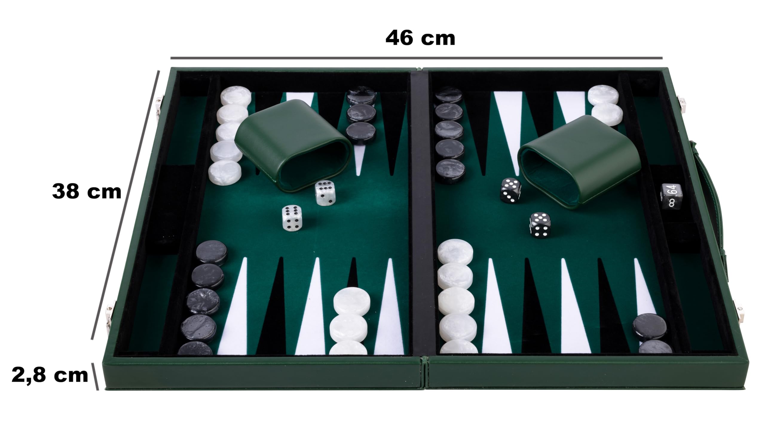 Engelhart - 250529 - Backgammon Deluxe de 15 Pulgadas - 38 cm - Juego de Backgammon de Fieltro con Incrustaciones - Piedras de Perlas y Dados - Verde/Negro/Blanco
