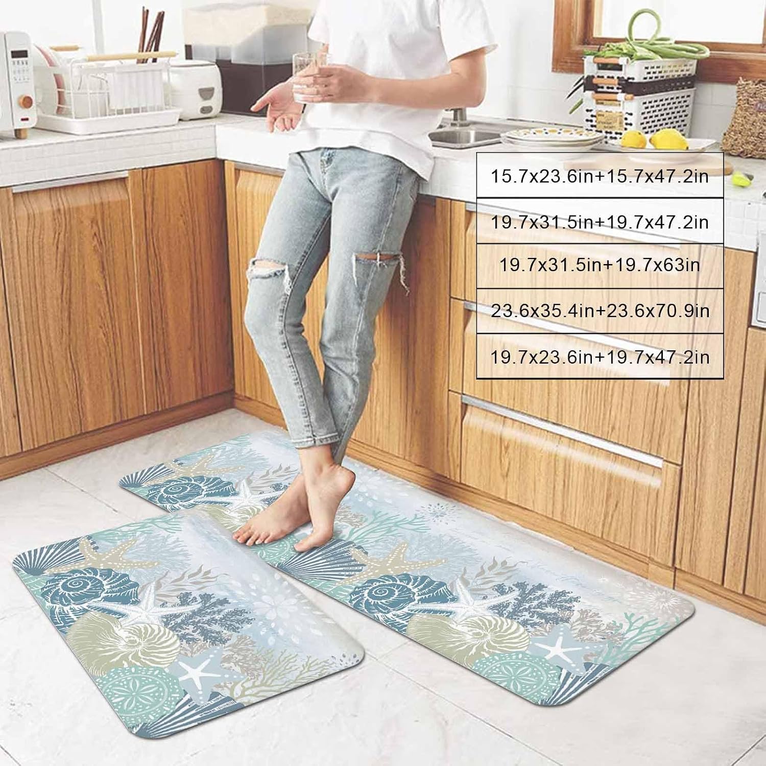 Summer Marine Life Kitchen Mats Set of 2 Ocean Coral Coastal Starfish Sand Dollar Vintage Non Slip Mat Washable Floor Rug for Kitchen Sink Floor Laundry, 19.7"x31.5"+19.7"x63"