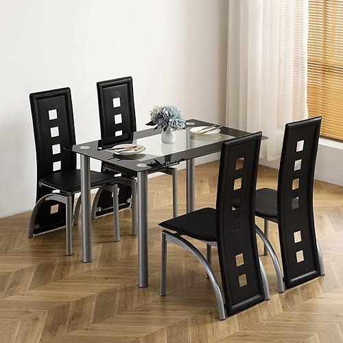 Karl home Juego de mesa de comedor de 5 piezas con 1 mesa de comedor de cristal y 4 sillas de cuero, moderno juego de mesa de comedor plateado para