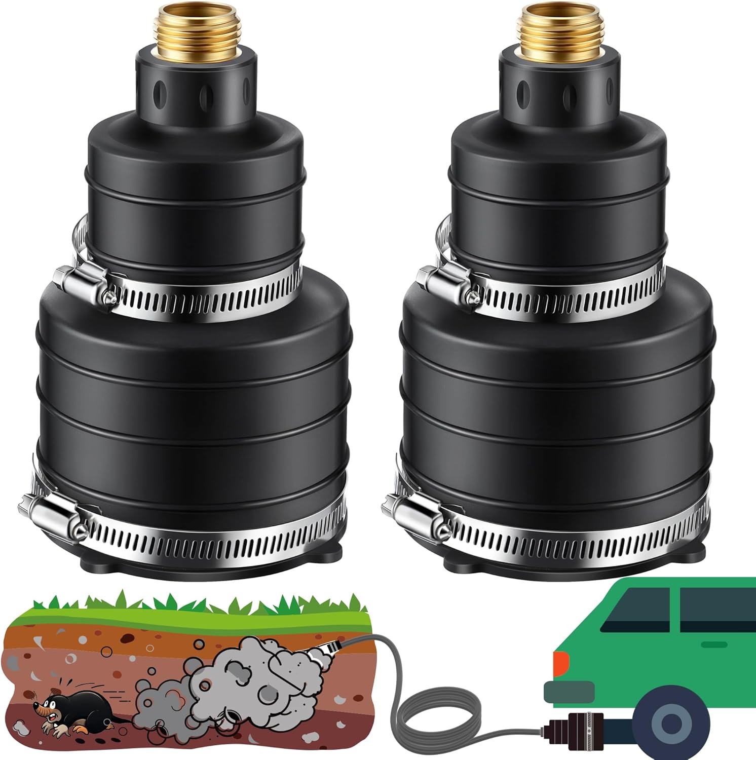 Qualirey 2 Pack Pest Control Exhaust Pipe Attachment Transport Exhaust from Car to Underground for Killing Outdoor Rodents Such as Moles, Gophers (FIT for Pipe in 2"-2.4"/3"-3.5" Diameter) (Black)
