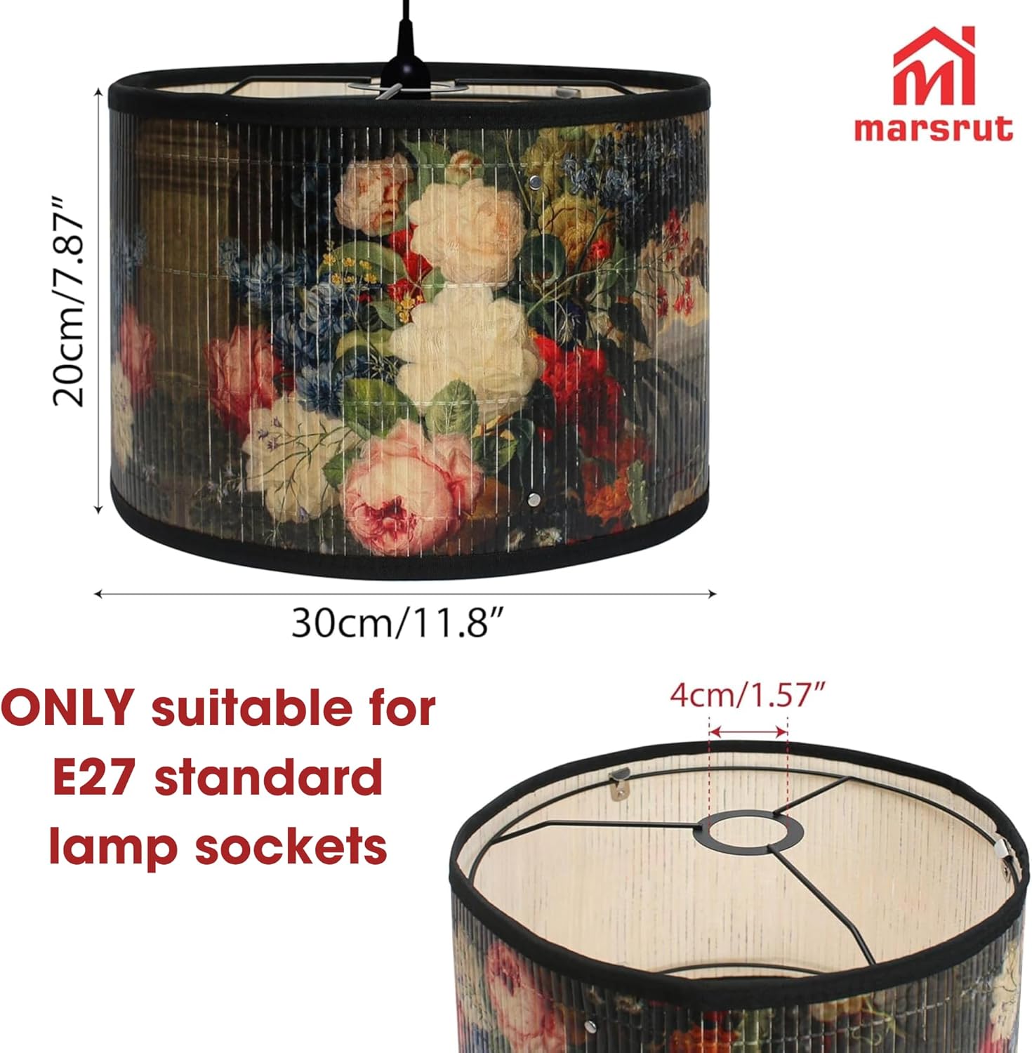 Retro Lamp Shade, E27 11.8"x7.9" Vintage Printed Art Deco Chandelier Cover Lampholder, Unique Drum Spider Japanese Tropical Funky Decorative Bamboo Lampshade for Hanging Table Floor Light (Flower)