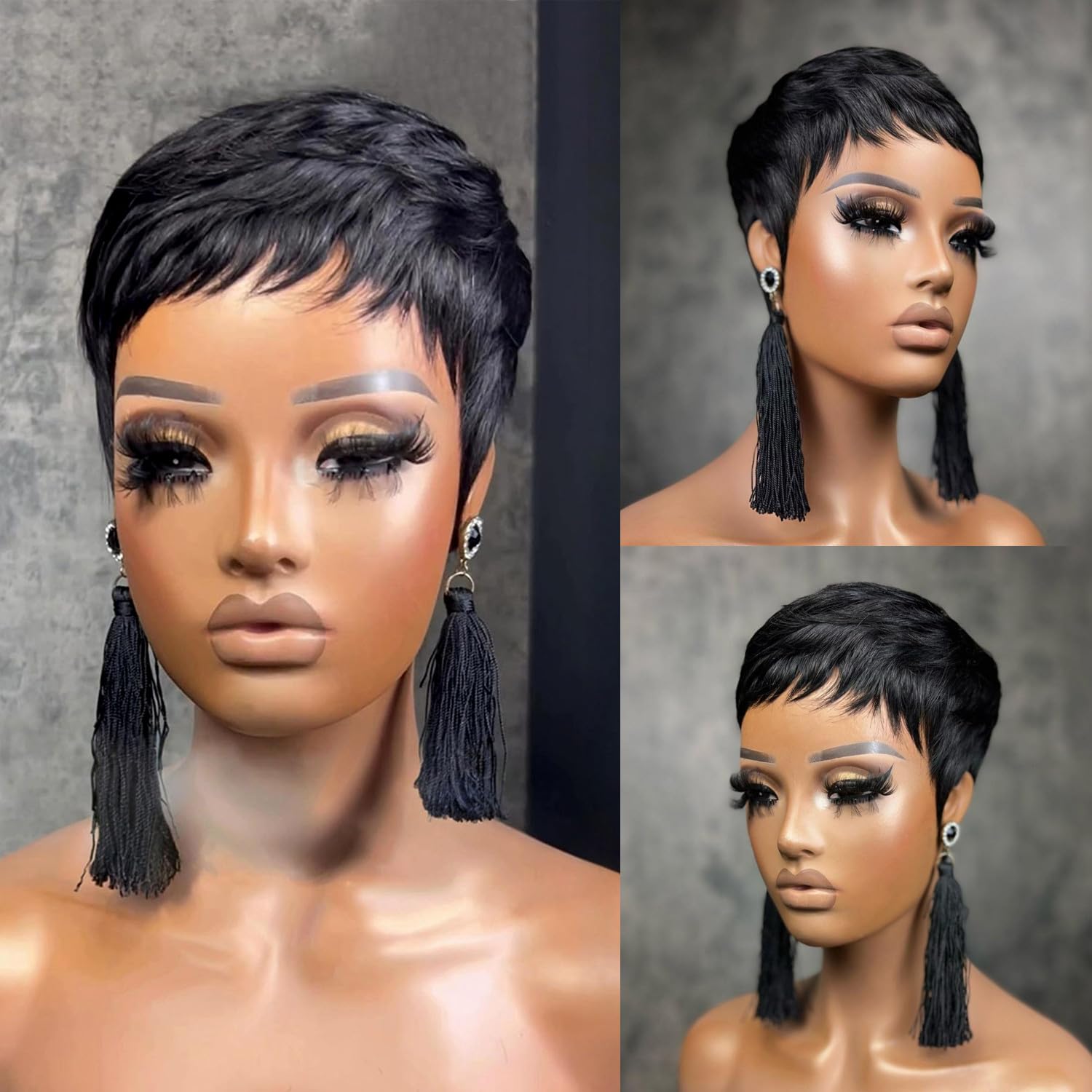 YJOQOKOA Short Pixie Cut Wig for black women Natural Black Straight Human Hair Bob Wig Short Layered Pixie Wigs Full Machine Made No lace front