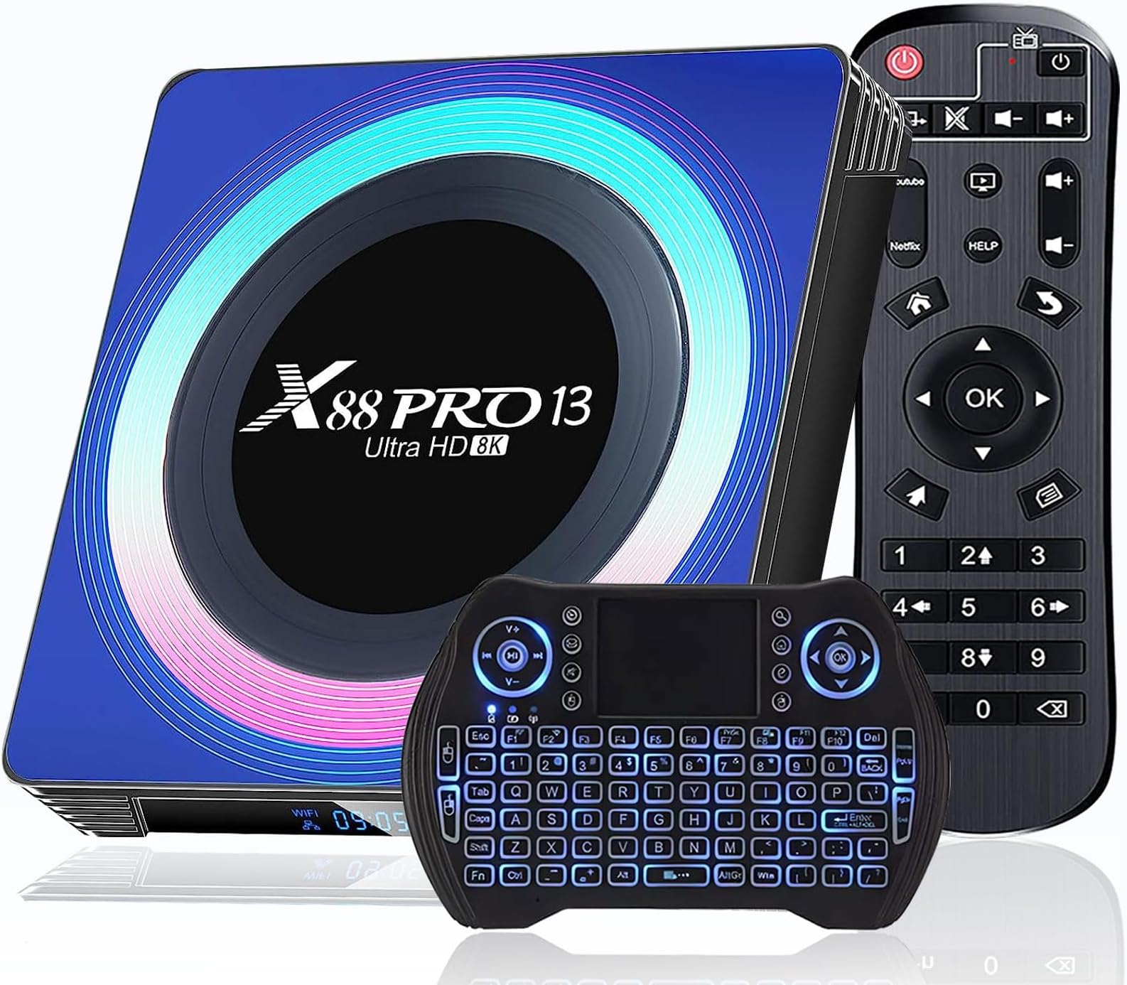 Android TV Box 2025, Android 13.0 TV Box 4GB 64GB RK3528 Quad-core Support 4K 6K 8K WiFi 6 2.4/5.8G Dual-WiFi BT5.0 Ethernet 3D X88PRO 13 Smart Box for TV with Mini Wireless Keyboard