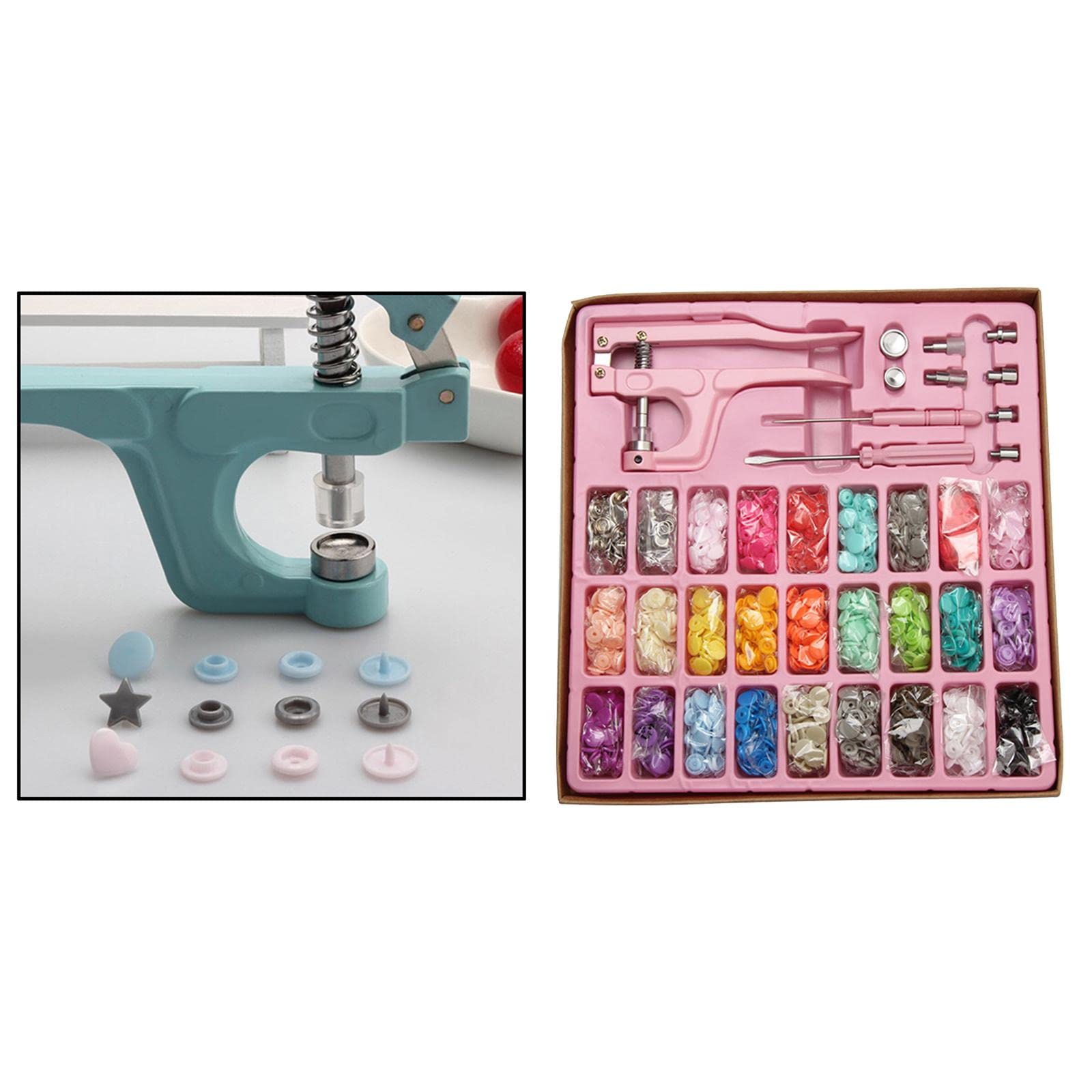 Kit di bottoni a pressione in metallo, 312 pezzi, con pinze, strumento per cucire, colore rosa