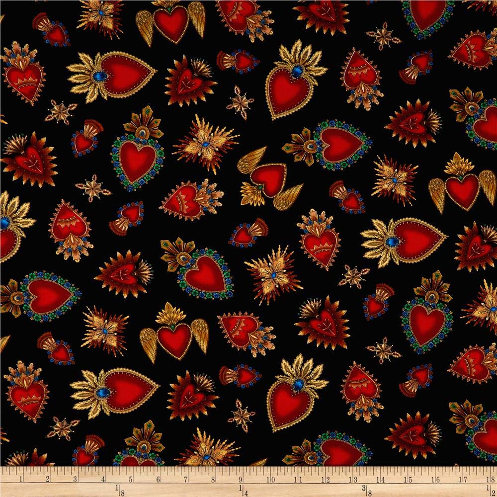 Timeless Treasures Day Of The Dead Sacred Hearts Black, Fabric by the Yard
