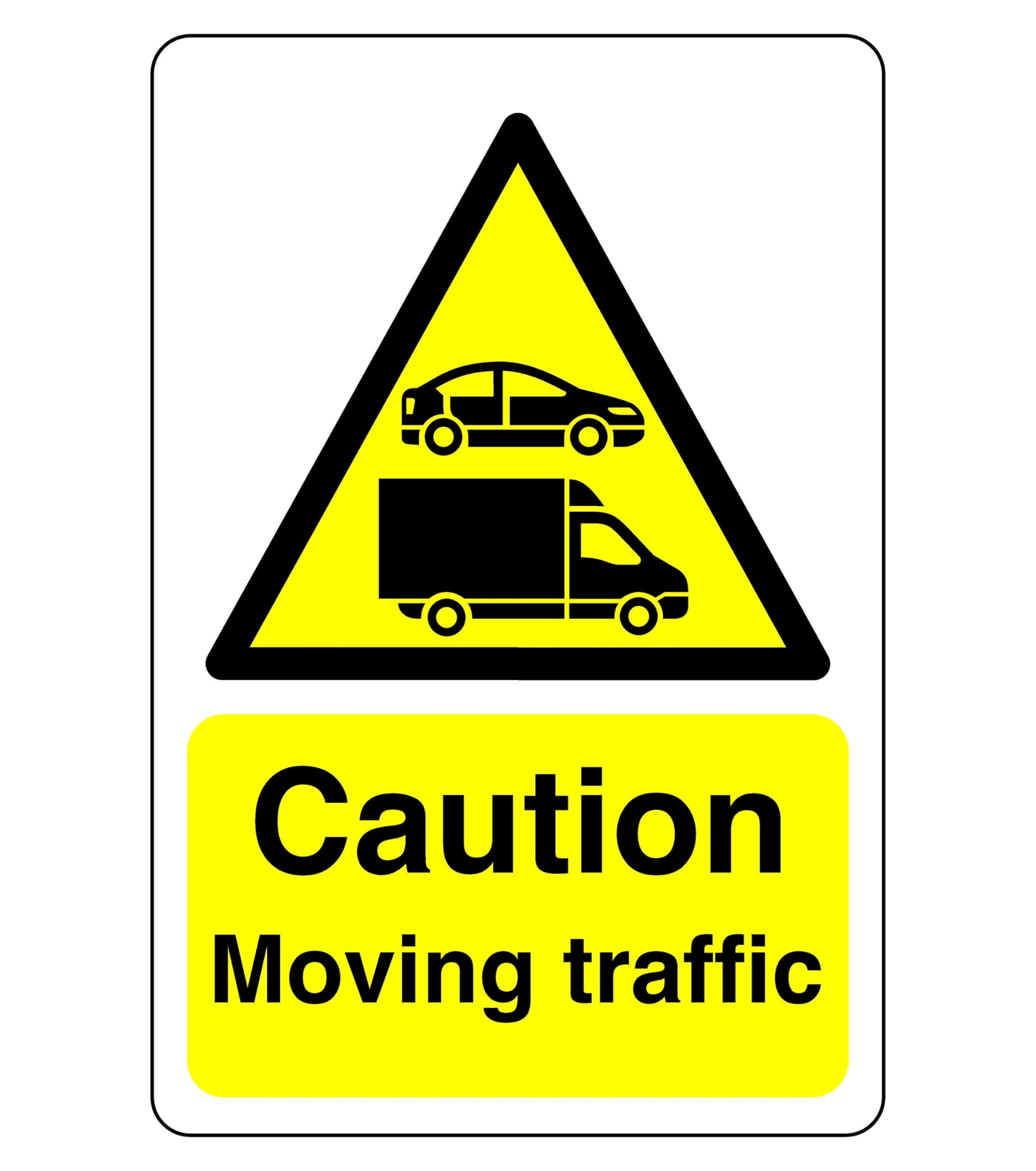 Caution moving traffic sign - 1.2mm Rigid plastic for indoor/outdoor usage (400mm x 300mm) Viewing Distance within 14m.