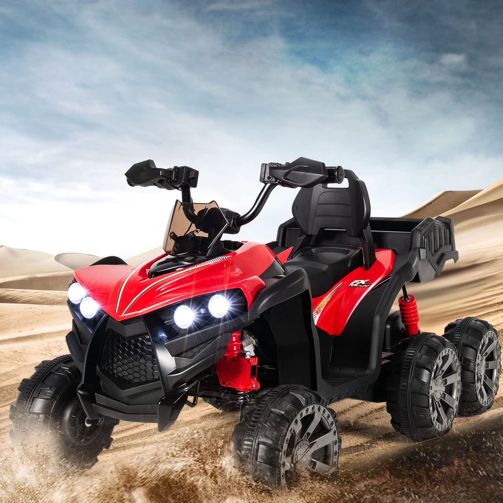 COSTWAY 12V Quad Elettrico per Bambini, Macchina Elettrica per Bambini con 6 Ruote 4 Motori Baule Posteriore Luci LED e Musica, Trazione Integrale, 3-6 km/h, 3 Anni+ (Rosso)