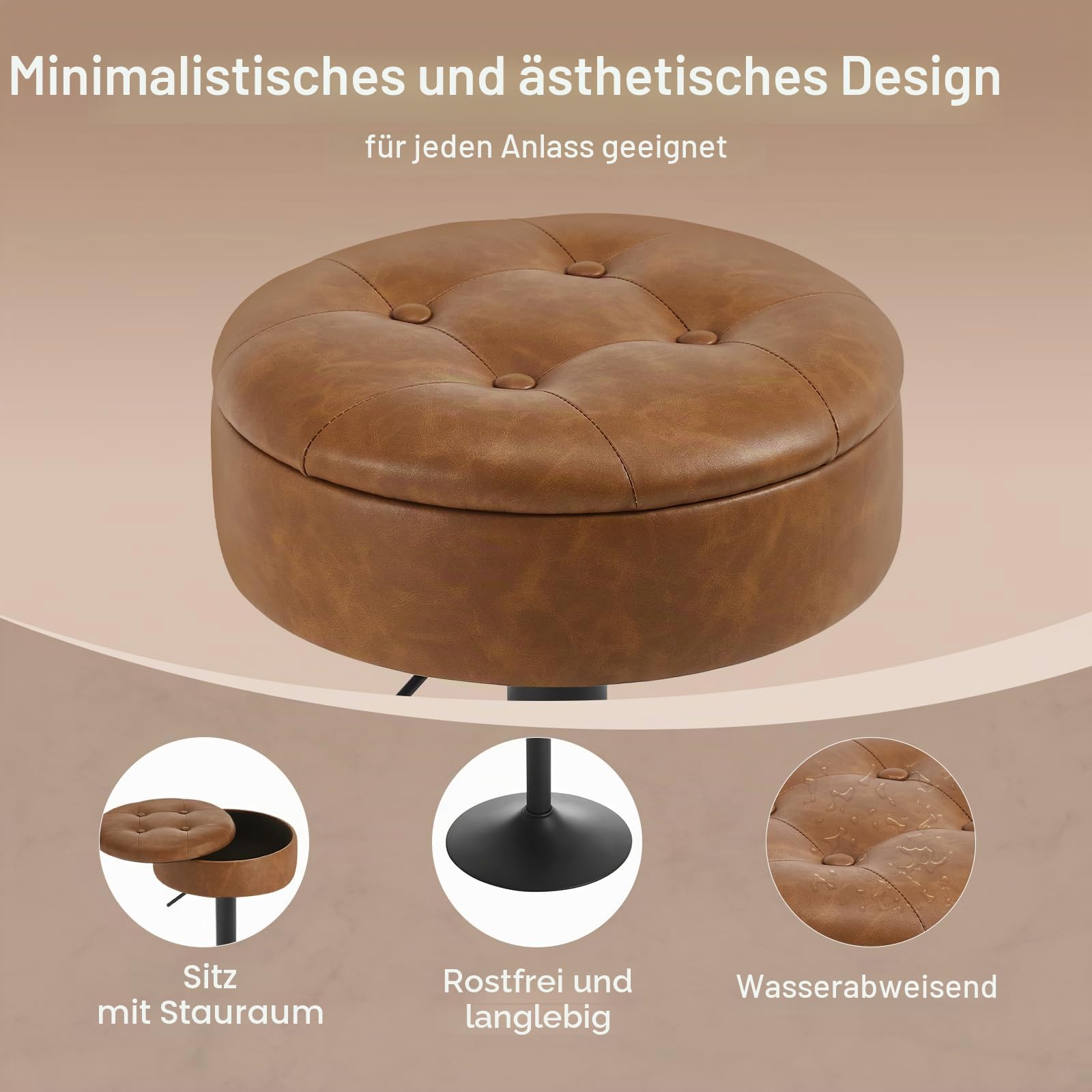 WOLTU Barhocker 2er Set, Sitzhocker mit Stauraum, Hocker höhenverstellbar 360° drehbar, Drehhocker für Kücheninsel Esszimmer Bar Küche Tresen, Kunstleder Metall, Braun