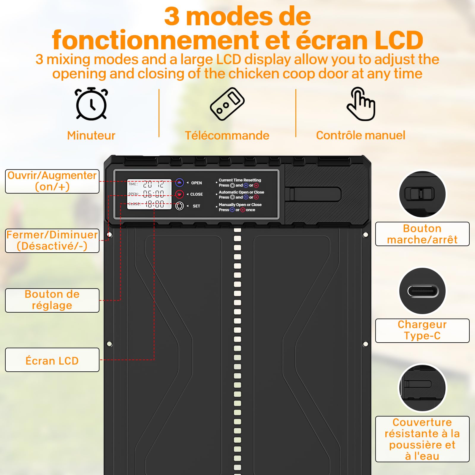 Porta pollaio automatica a energia solare con alzata temporizzata antipiega elettrica impermeabile con telecomando 33 cm x 24,5 cm, nero