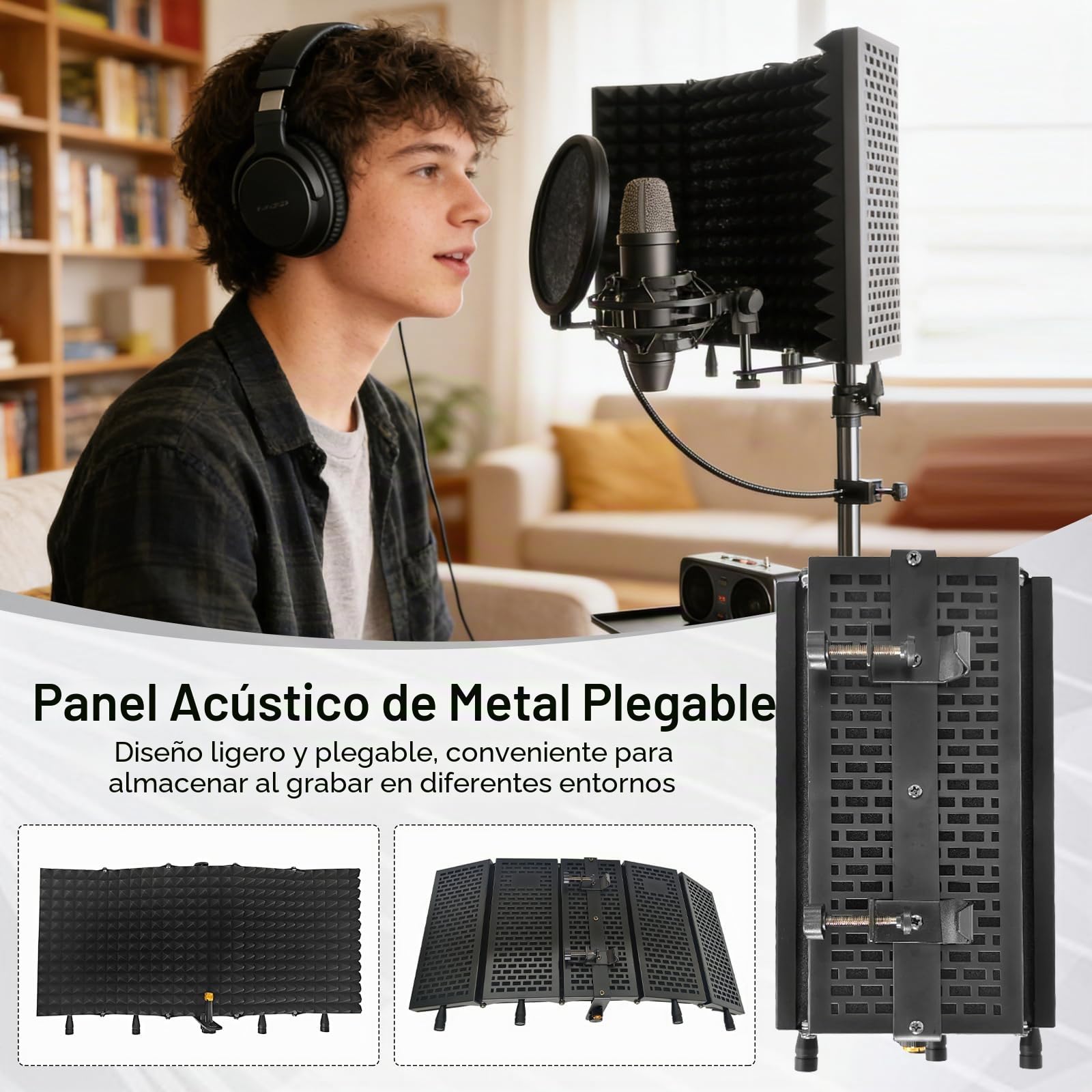 Insonorización De Micrófonos, 5 Paneles Pantalla Antiviento De Espuma Acústica Con 180cm Trípode Para Adaptadores De Micrófono De 9,5 mm A 16,5 mm Para Equipos De Grabación Y Estudio