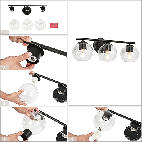 Miniatura 8 de classy leaves Lámparas de baño, 3 luces negras claras, modernas luces de tocador de baño de granja con pantalla de vidrio