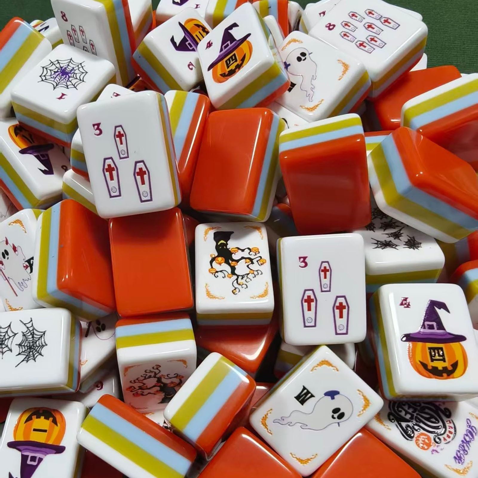 Amerykański zestaw Mahjong, upiorne słodkie płytki tematyczne Halloween | Znaki narożne z literami i cyframi, gra planszowa w standardowym rozmiarze 160 płytek dla 4 dorosłych graczy
