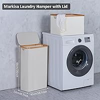 Vista 3 de Cesta de lavandería delgada, cesta estrecha con tapa, cesta de 60 litros para lavandería, cesta de tela sucia con mango de bambú para juguetes, Beige