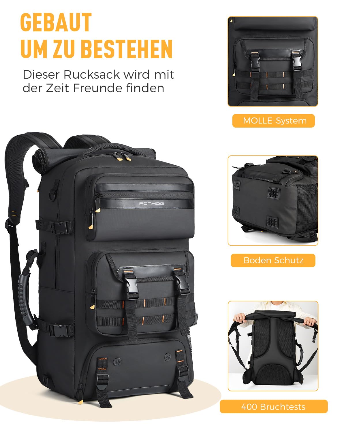 Ponhog Travel Backpack for Men - 50L Convertible Duffle Bag with Shoe Compartment, Carry On Laptop Backpack with USB Charging Port, Hiking Backpack Gym Daypack Water Resistant Rucksack,Black