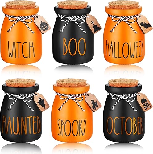 Miniatura 1 de Juego de 6 mini tarros de albañil de Halloween para decoración de bandeja escalonada de Halloween, murciélagos fantasmas, calabaza, pequeños frascos