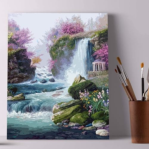 Miniatura 3 de Pintura de paisaje natural por números, montañas, cascada, pintura sobre lienzo, pintura con pinceles, pinturas acrílicas, perfecta para pintar por
