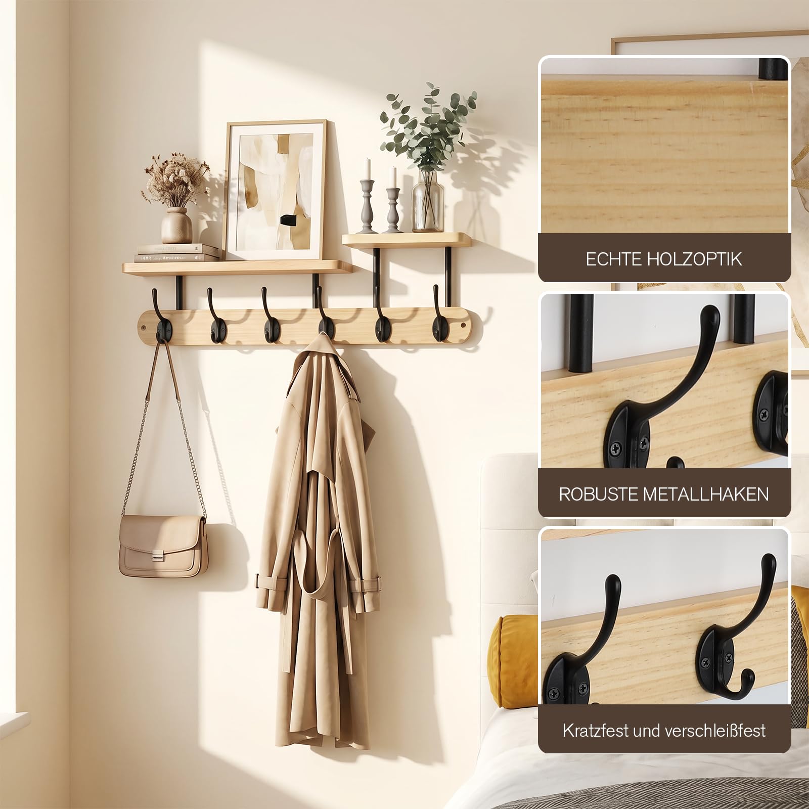 Percheros Pared con Estante 59cm - Perchero de Pared Madera Natural con 6 Ganchos Dobles y 2 Niveles de Balda, Percha Pared para Entrada, Pasillo, Hall y Sala de Estar