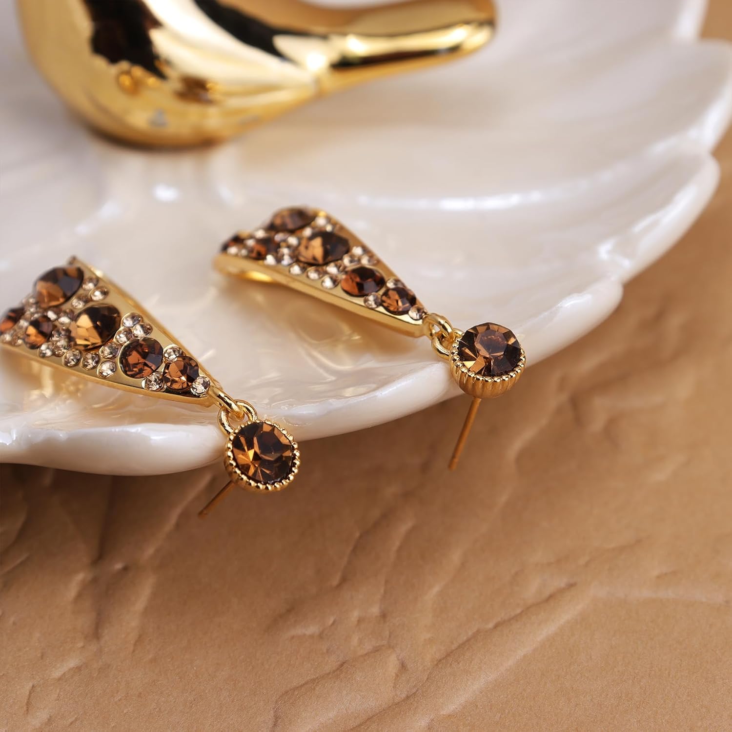 JeanBeau Gold Chunky Geometric Hoop Dangle Drop Earrings for Women, Large Statement Brown Rhinestone Circle Round Earing Dangling Prom Wedding Fashion Jewelry Gift. - Image 4