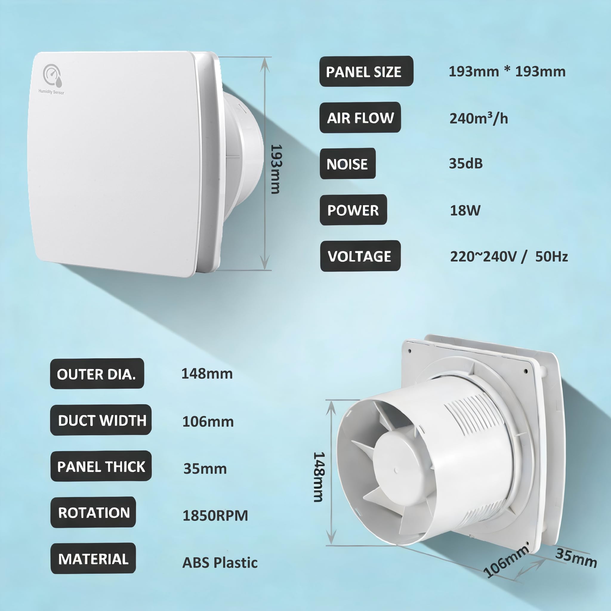 Extracteur d'Air 150mm Capteur de Température et d'Humidité 25W 250m³/h Ventilateur Mural avec Clapet Anti-Chocs, Anneau de Montage de Fenêtre, Prise pour Cuisine, WC, Salle de Bain