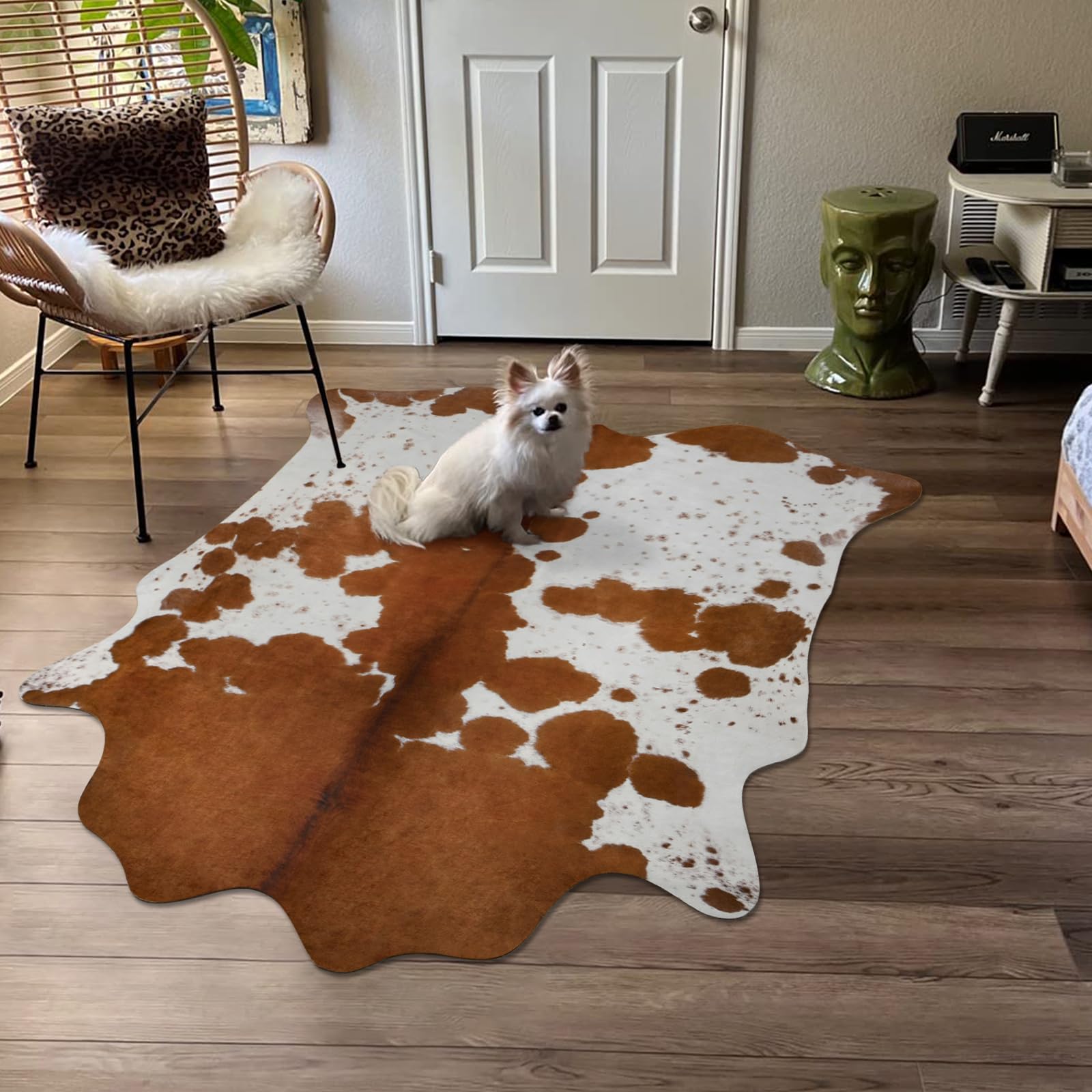 DweIke Large Faux Cowhide Print Rug for Living Room Bedroom, 5.2ft x 6.2ft Luxury Cow Skin Print Carpet Rug, Faux Animal Hide Area Rug for Office Dining Room, Western Home Decor, White-Brown