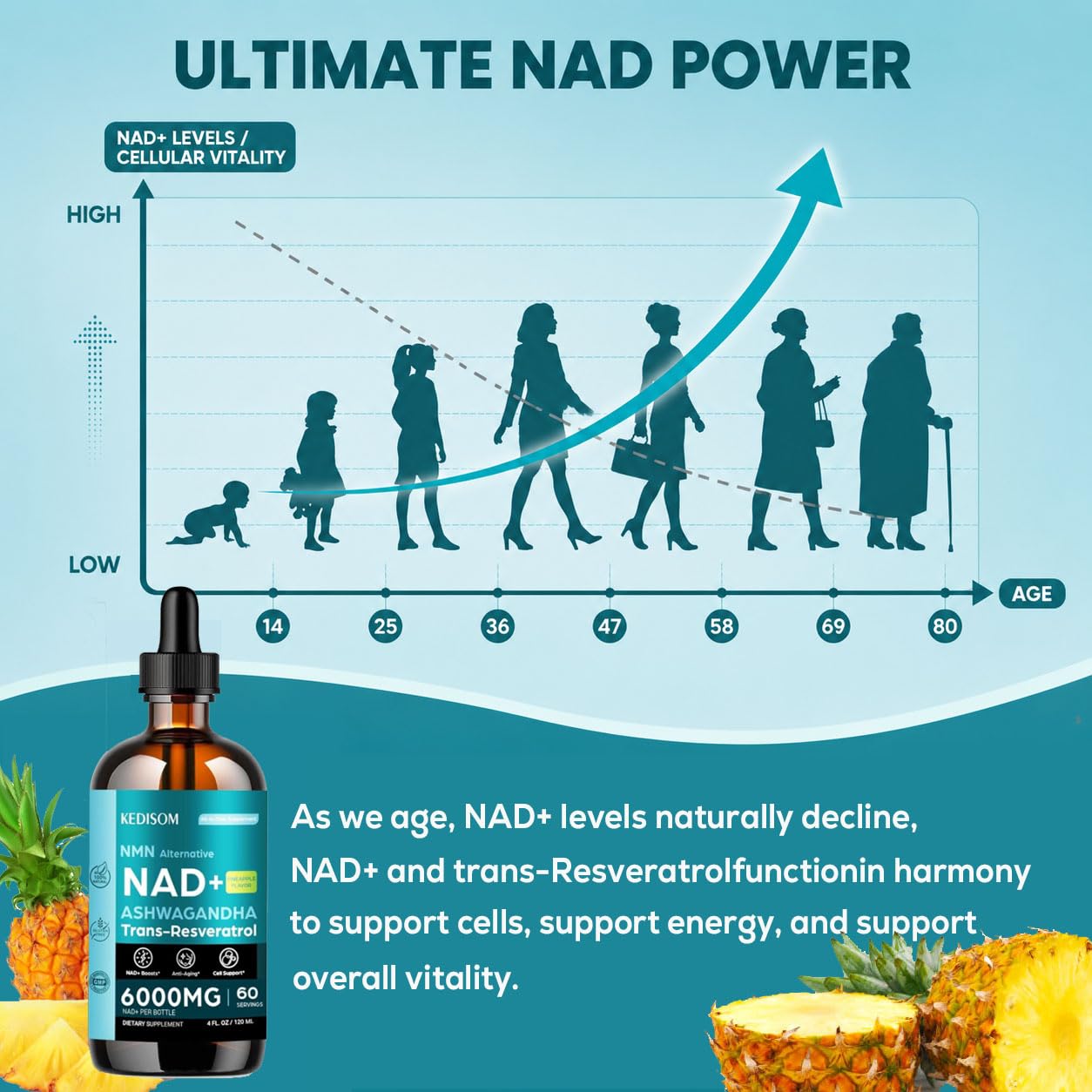 23-in-1 Liposomal NAD Supplement, NAD Liquid Supplement Drops with Resveratrol, Black Pepper Extract, Support Healthy Aging, Energy Metabolism & Overall Vitality, 4 Fl Oz, Pineapple Flavor — Amazon image 3
