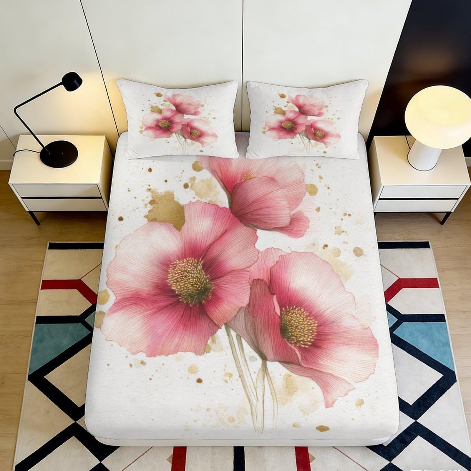 3D Printed Pink Watercolor Flower Fitted Sheet Microfiber Soft Artistic Blossom Bed Cover for Bedroom Guest Room 90x200x25cm