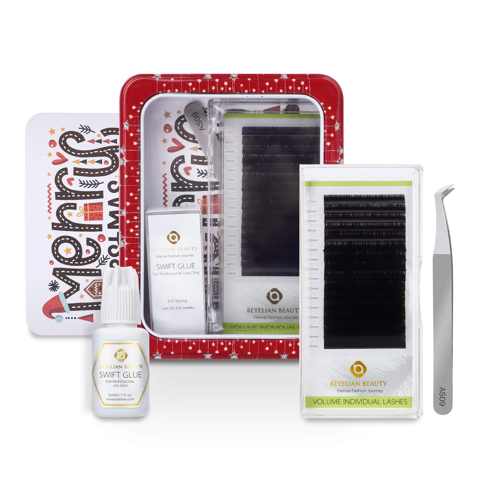 BEYELIAN Volume Eyelash Extensions Kit Christmas Gift Pack of .03mm Individual Lashes, AS09 Tweezers, Swift Glue for Professional Lash Stylists