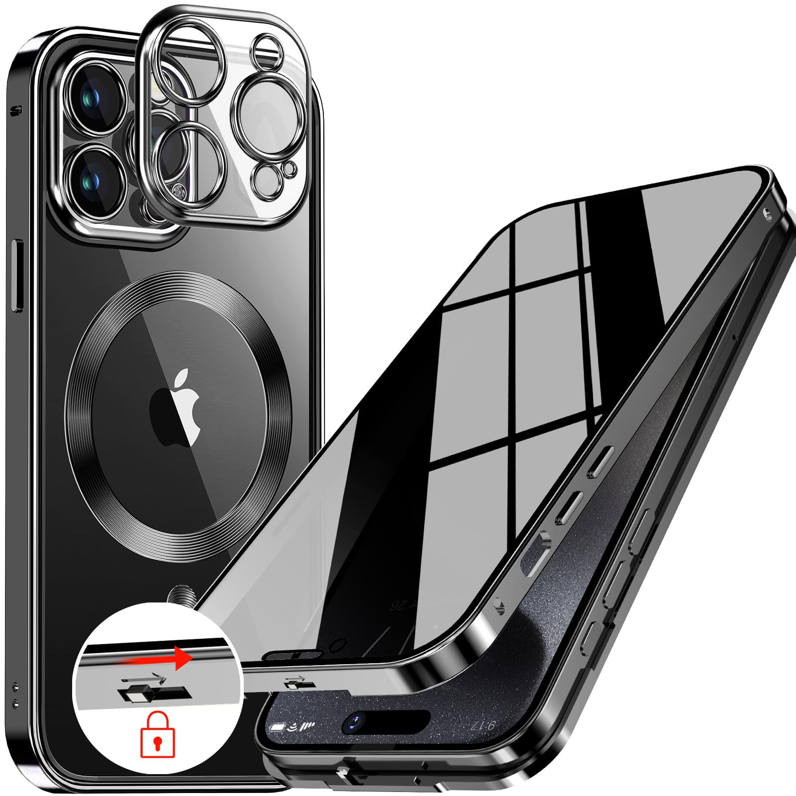 Upholyee [CD Metal Ring & Automatic Pop-up Lock Magnetic Privacy Case for iPhone 15 Pro Max [Compatible with MagSafe] [Integrated Lens Protection] Full Body Bumper Cover with Built-in 9H Glass-Black
