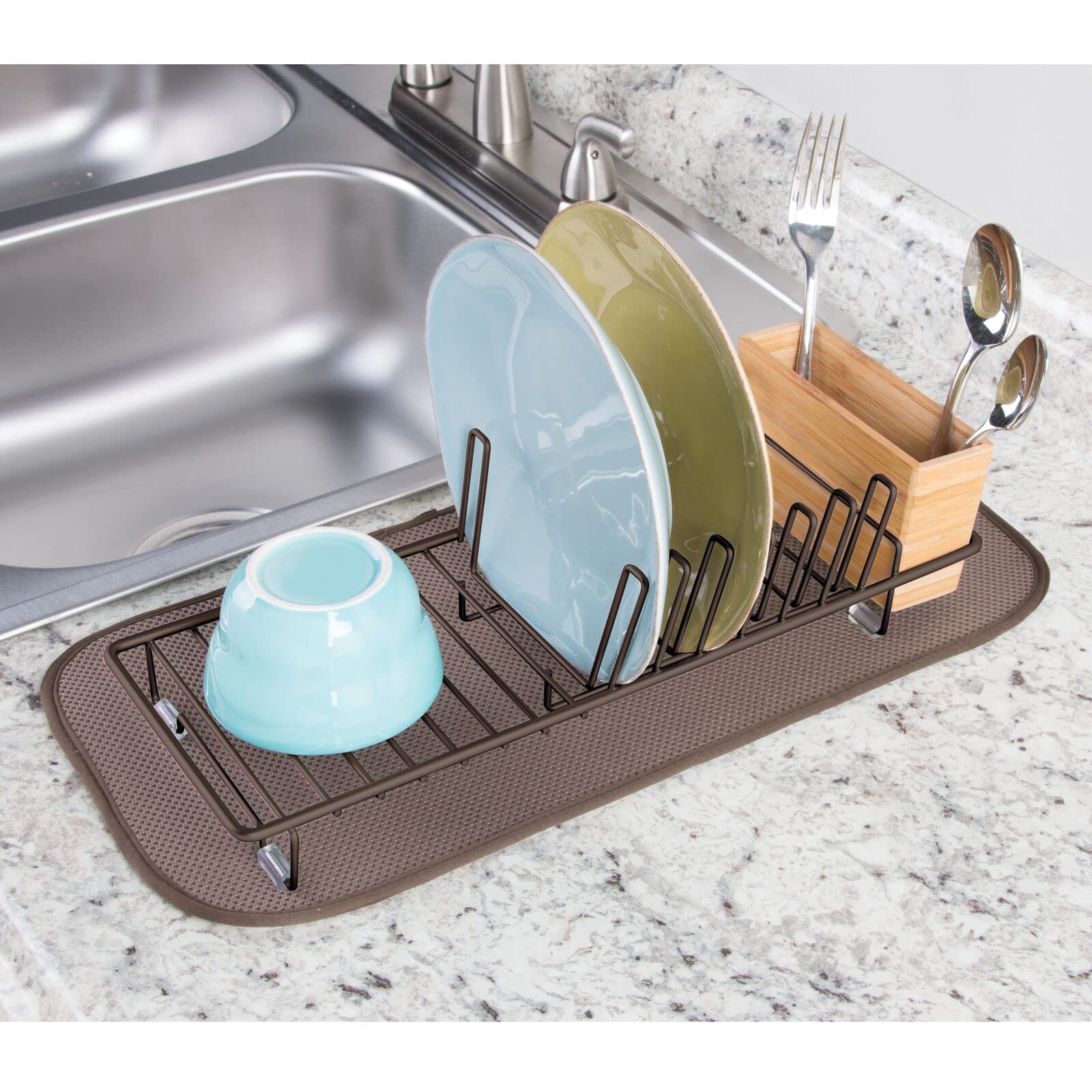 mDesign Compact Modern Kitchen Countertop, Sink Dish Drying Rack, Removable Cutlery Tray Drain