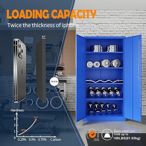 Miniatura 28 de Yizosh Armario de almacenamiento de metal para garaje con 2 puertas y 5 estantes ajustables, gabinete de archivo de acero con cerradura de 71 Negro