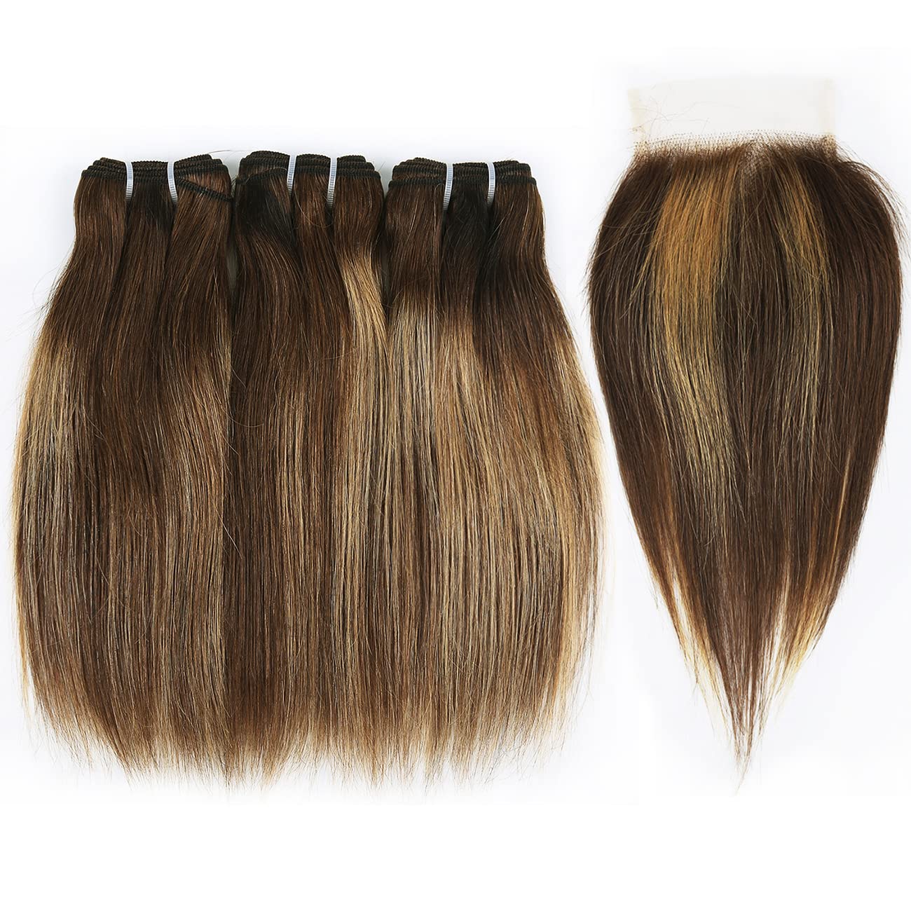 FQ 4/27 Highlight Bundles and Closure Straight P4/27 Human Hair Bundle with Closure(10 10 10+10) Brazilian Ombre Honey Blond Colored Short Bob 50g 3 Bundles with 4x4 Lace Closure