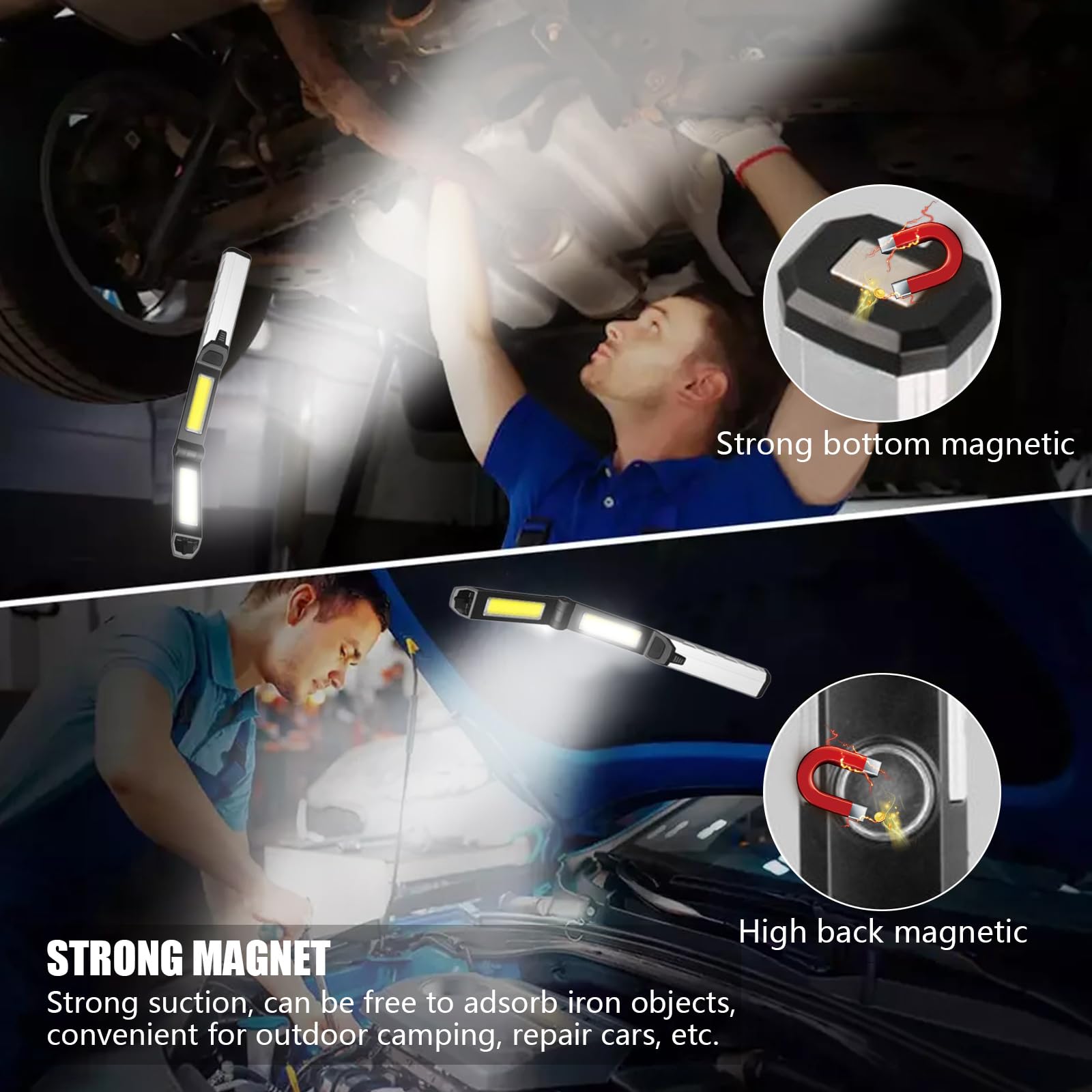Linterna LED Recargable, Luz de Trabajo LED Plegable de 180° Linterna Taller LED Recargable de 1500 MAH Linterna de Trabajo COB LED con Base Magnética para Automóviles Cámping Emergencia