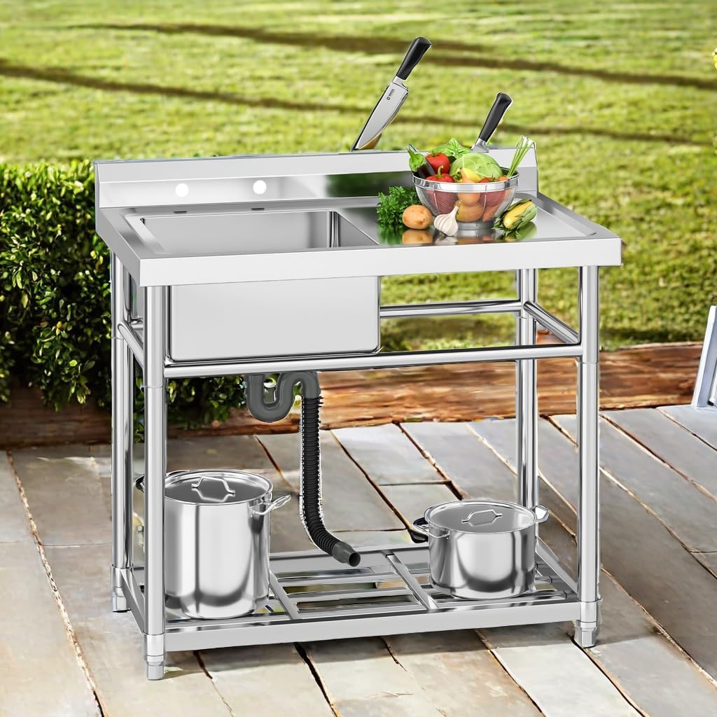 YITAHOME NSF Stainless Steel Commercial Kitchen Sink with Drainboard Freestanding Sink w/Storage Shelf for Restaurant, Laundry, Garage, Workshop Sink with Legs for Outdoor (39x23x37 Inch) Left Bowl Left Sink w/ Drainbroad & Shelf
